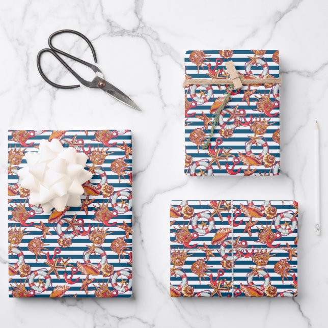 Muster für Seesterne und Streifen Geschenkpapier Set (Vorderseite)