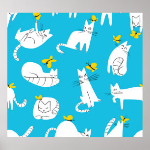 Muster für spielerische Katzen und Schmetterlinge Poster