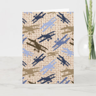 Muster für Vintage Biplane-Burlap-Druckflugzeuge Karte