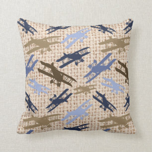 Muster für Vintage Biplane-Burlap-Druckflugzeuge Kissen