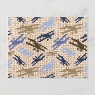 Muster für Vintage Biplane-Burlap-Druckflugzeuge Postkarte