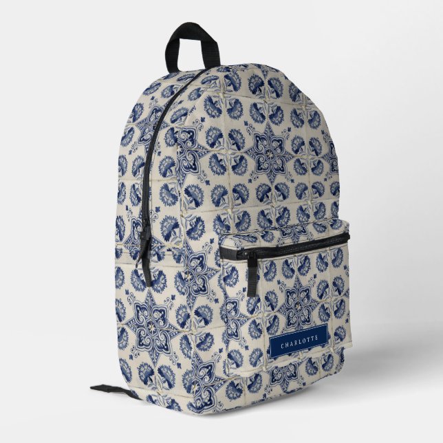 Muster für Vintage blaue geometrische Blume Bedruckter Rucksack (Rückseitige Ecke links)