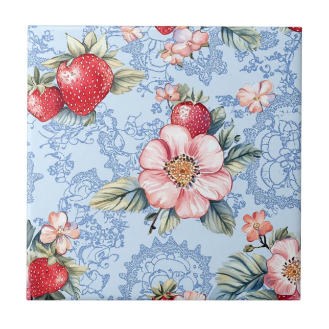 Muster für Vintage Erdbeeren und Blume Fliese (Vorderseite)