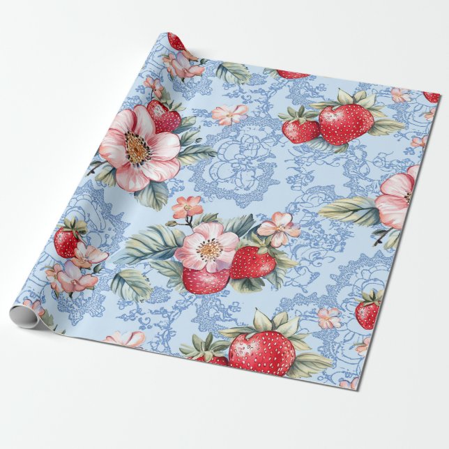 Muster für Vintage Erdbeeren und Blume Geschenkpapier (Ungerollt)