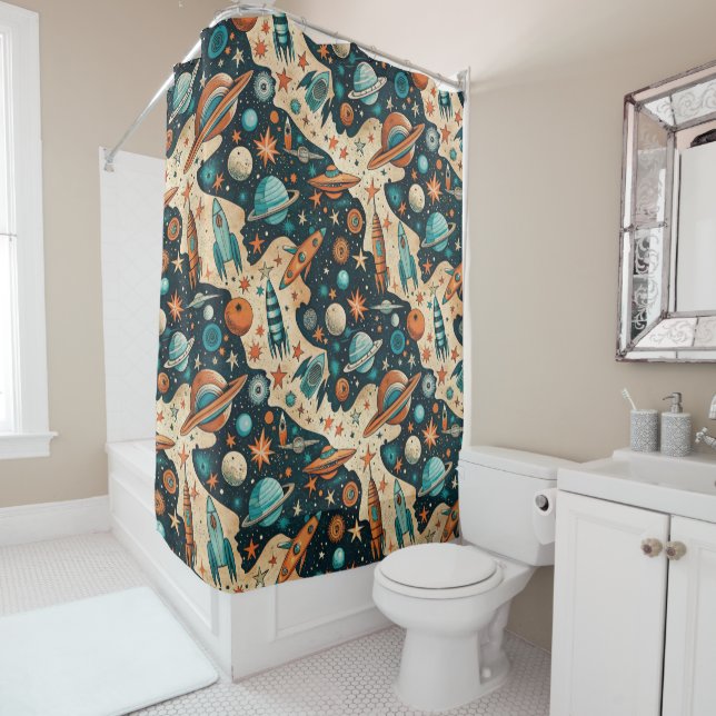 Muster für Vintage Raumfahrzeug-Raketenschiffe - K Duschvorhang (Beispiel)