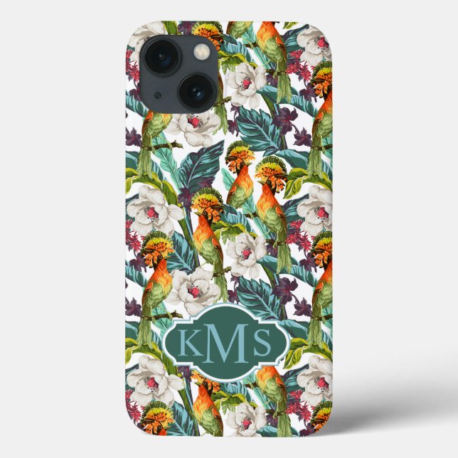 Muster für Vögel und exotische Blume | Monogramm Case-Mate iPhone Hülle (Rückseite)