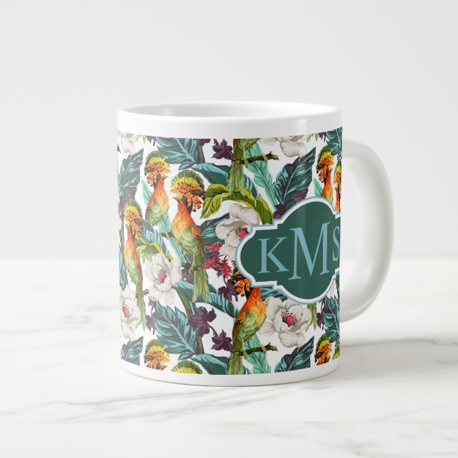 Muster für Vögel und exotische Blume| Monogramm Jumbo-Tasse (Vorderseite Rechts)
