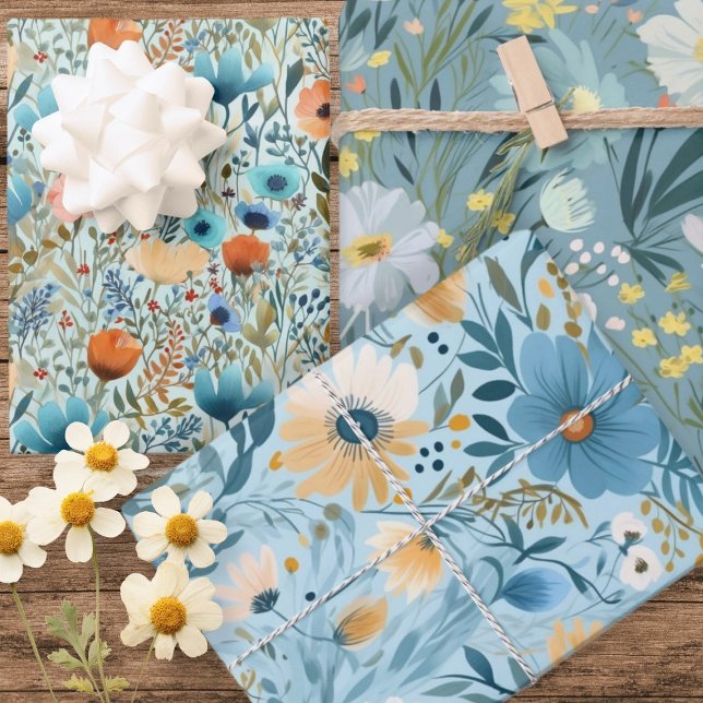 Muster für wild lebende Blume Geschenkpapier Set (Wild Flowers Pattern Wrapping Paper Sheets from Ricaso. Three stunning floral gift or craft papers)