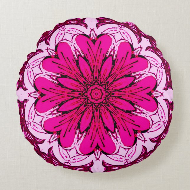 Muster geometrischer Blume in Burgund & Magenta Rundes Kissen (Vorderseite)
