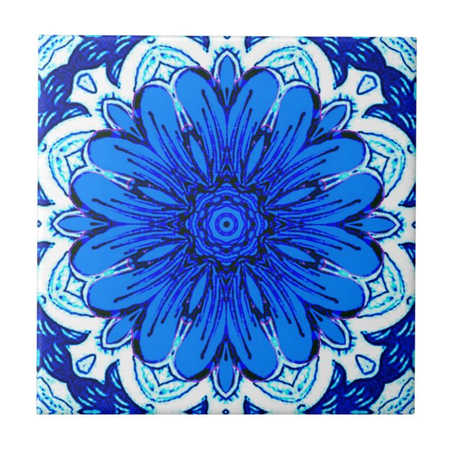 Muster geometrischer Blume in Cobalt Blue und Navy Fliese (Vorderseite)
