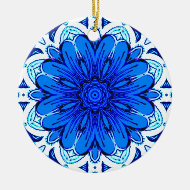 Muster geometrischer Blume in Cobalt Blue und Navy Keramik Ornament (Vorne)