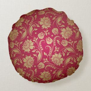 Muster Gold & Burgund Red Floral Damaskus Rundes Kissen