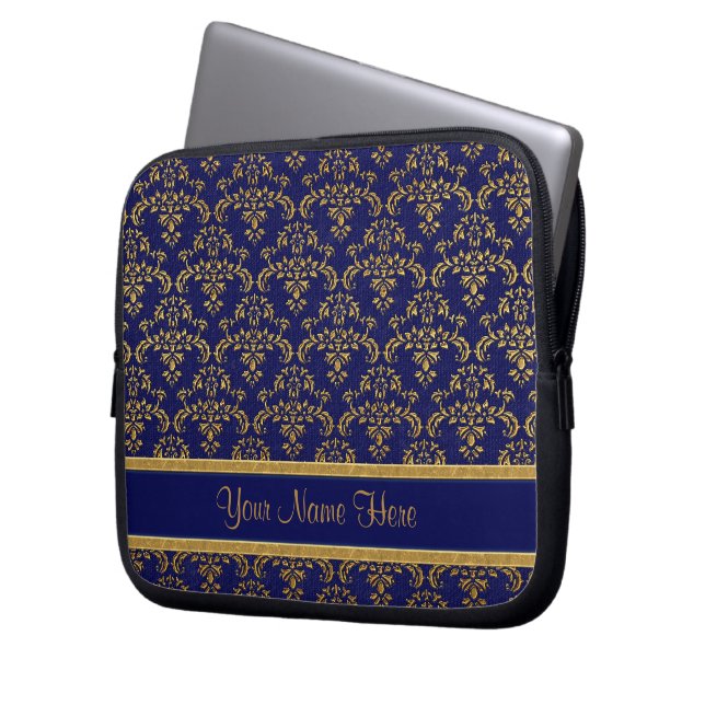 Muster Gold und Blue Damask Laptopschutzhülle (Vorderseite Links)