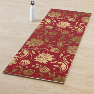 Muster Gold und Dunkle rote Flora Damask Yogamatte