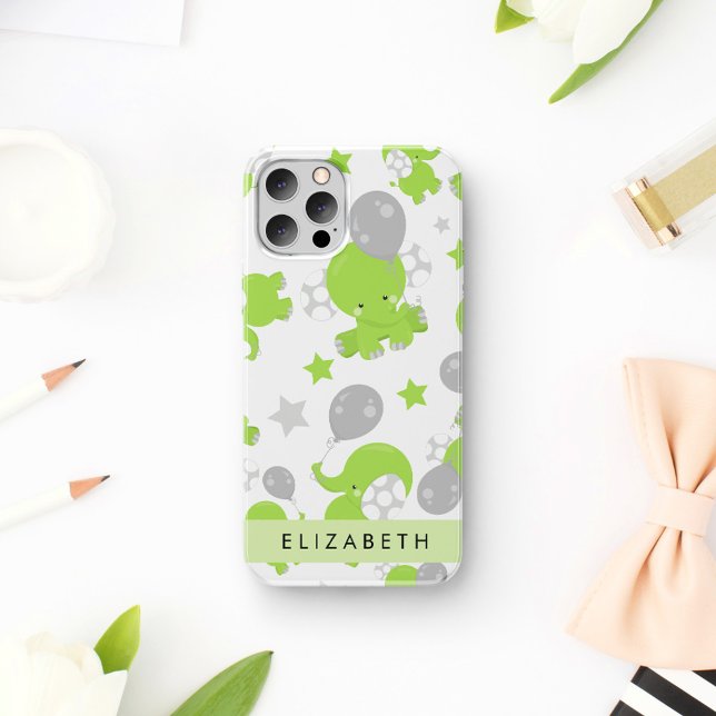 Muster grüner Elefanten, Sterne, Ihr Name iPhone 16 Hülle (Von Creator hochgeladen)