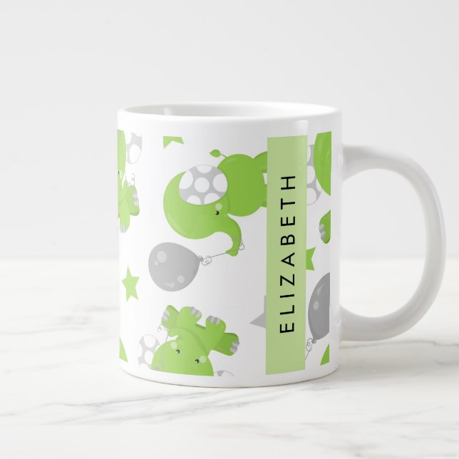Muster grüner Elefanten, Sterne, Ihr Name Jumbo-Tasse (Rechts)