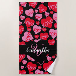 Muster Herz XOXO Liebe Rosa Schwarzes Monogramm Strandtuch