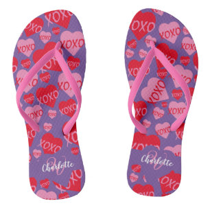 Muster Herz XOXO Liebe Rotes Rosa Lila Monogramm Flip Flops