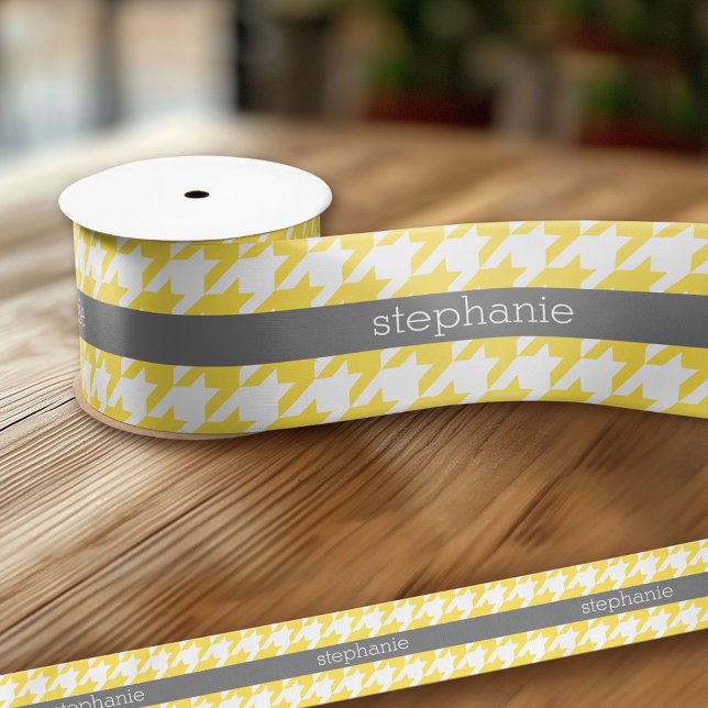 Muster-Individuelle Name Gelb und Grau-Hahnentritt Satinband (Custom Ribbon - Add Your Own Text)