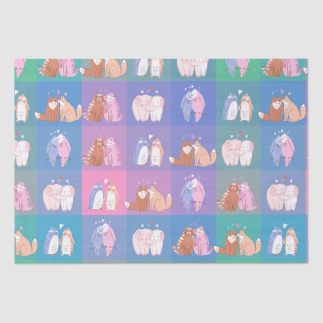 Muster Liebe Tiere Katzen, Pinguin, Fuchs, Elefant Seidenpapier (Vorderseite)