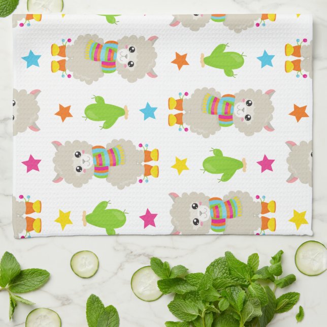 Muster Llamas, Niedlich Llamas, Alpacas, Kakteen Geschirrtuch (Gefaltet)