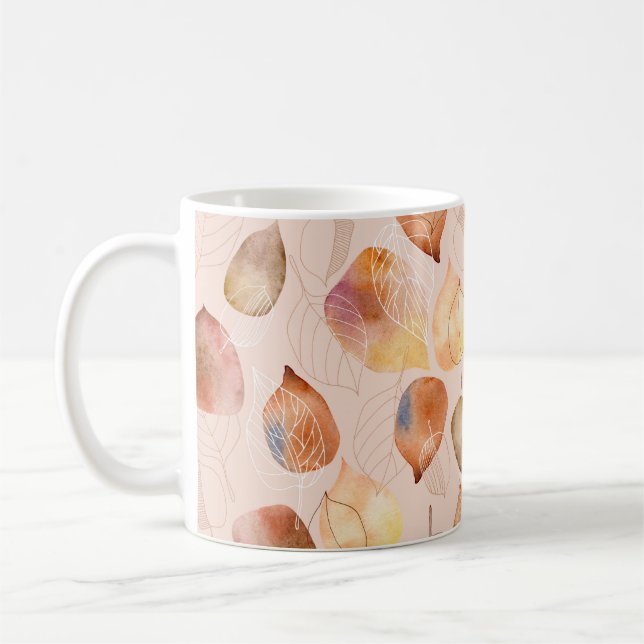 Muster mit Blätter. Grafik- und Aquarellblatt.  Kaffeetasse (Links)