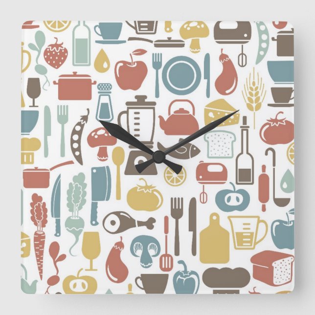 Muster mit dem Kochen der Ikonen Quadratische Wanduhr (Vorderseite)