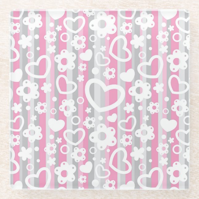 Muster mit Herzen und Blumen Glasuntersetzer (Vorderseite)