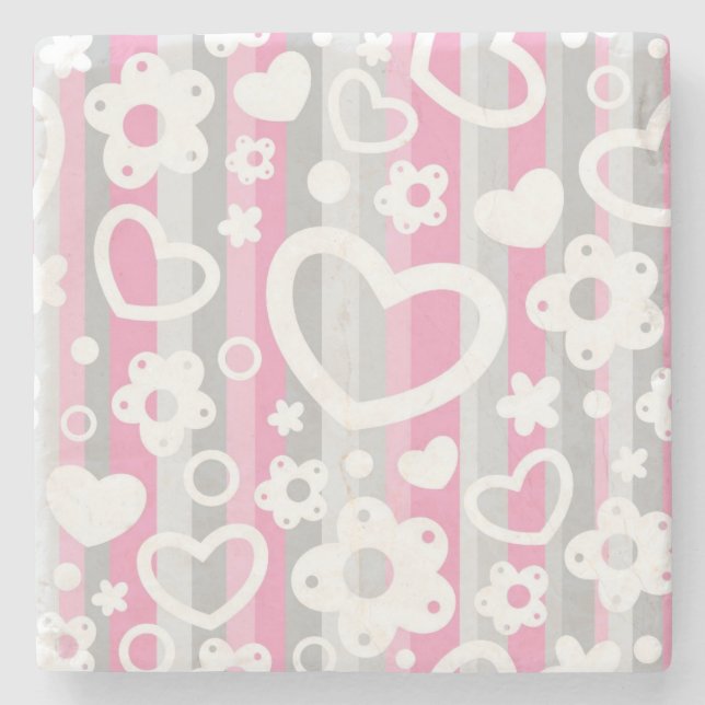 Muster mit Herzen und Blumen Steinuntersetzer (Vorderseite)