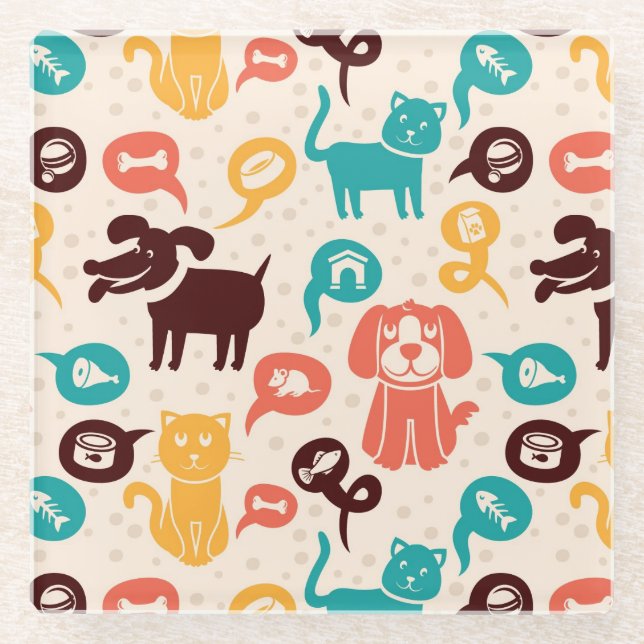 Muster mit lustigen Katzen und Hunden Glasuntersetzer (Vorderseite)