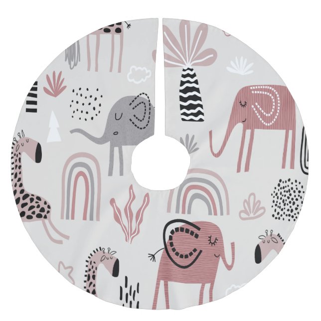 Muster mit niedlichen Elefanten und Giraffen Polyester Weihnachtsbaumdecke (Vorderseite)