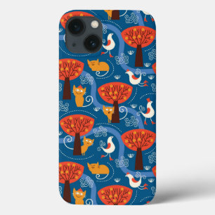 Muster mit niedlichen Katzen und Vögeln iPhone 13 Hülle
