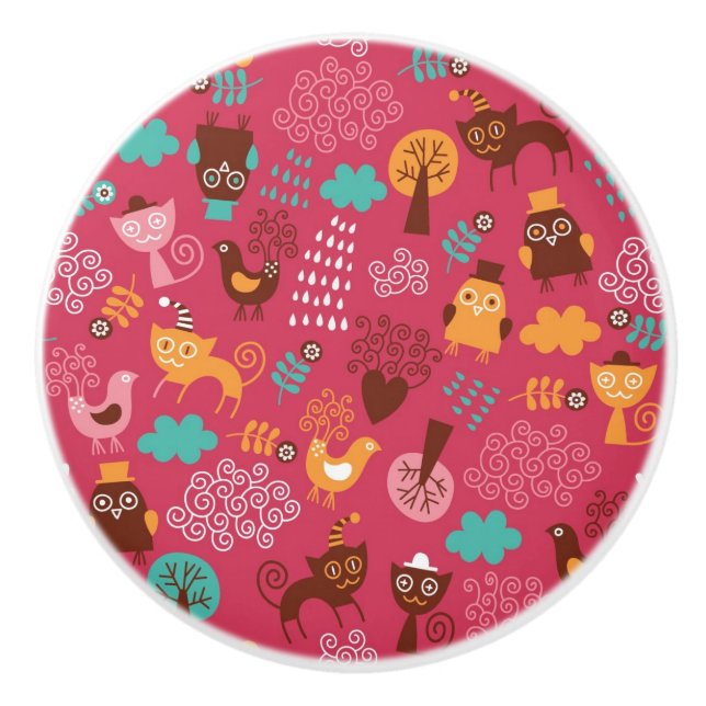 Muster mit niedlichen Vögeln und Katzen Keramikknauf (Vorderseite)