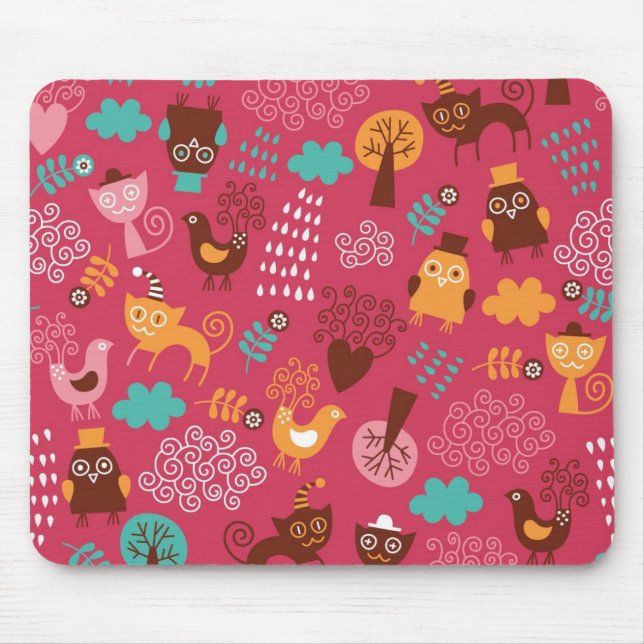 Muster mit niedlichen Vögeln und Katzen Mousepad (Vorne)