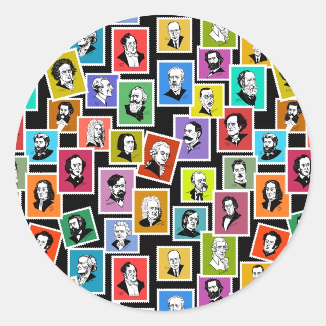 Muster mit Porträts der beststen Komponisten Runder Aufkleber (Vorderseite)