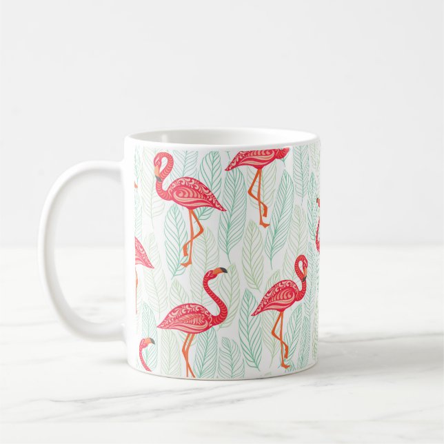 Muster mit rosa Flamingo-Ornamenten im Hintergrund Kaffeetasse (Links)