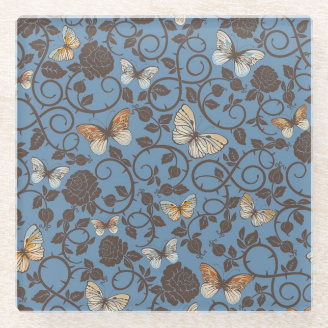 Muster mit Rosen und Schmetterling Glasuntersetzer (Vorderseite)