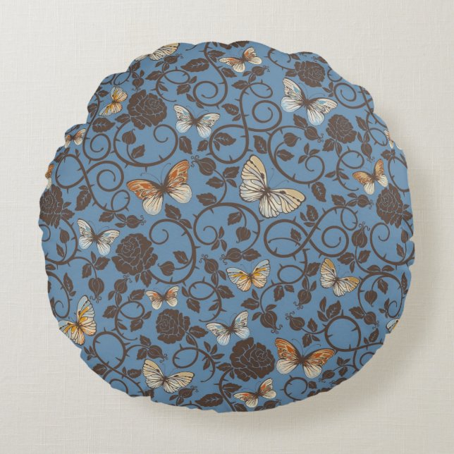 Muster mit Rosen und Schmetterling Rundes Kissen (Vorderseite)