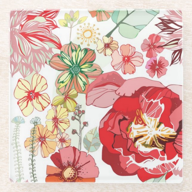 Muster mit roten Blumen Glasuntersetzer (Vorderseite)