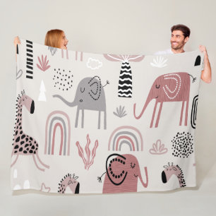 Muster mit süßen Elefanten und Giraffen riesig  Fleecedecke
