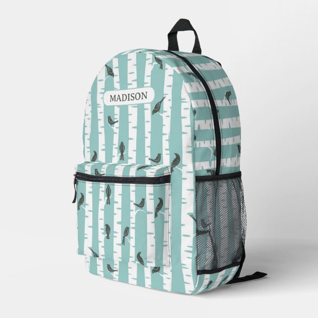 Muster mit Vögeln und Bäumen Bedruckter Rucksack (Rückseitige Ecke Rechts)