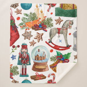 Muster mit Weihnachtsschmuck, Spielzeug und Sherpadecke