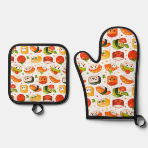 Muster niedliche kawaii-Food-Sushi-Zeichen, weiß b Ofenhandschuh & Topflappen-Set