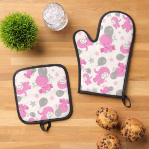 Muster rosa Elefanten, Niedliche Elefanten, Sterne Ofenhandschuh & Topflappen-Set