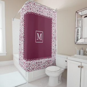 Muster und Monogramm aus Burgund und weißen Damast Duschvorhang