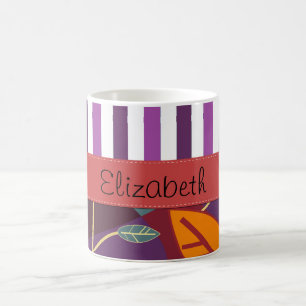 Muster von Blätter, Lila Streifen, Name Tasse
