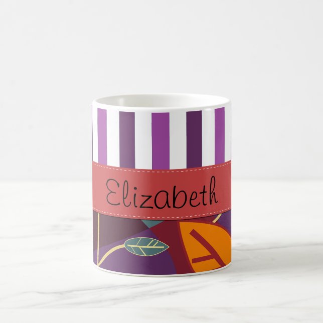 Muster von Blätter, Lila Streifen, Name Tasse (Mittel)