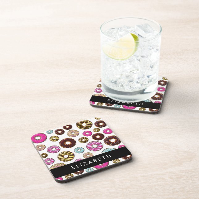 Muster von Donuts, farbenfrohe Donuts, Ihr Name Getränkeuntersetzer (Rechte Seite)