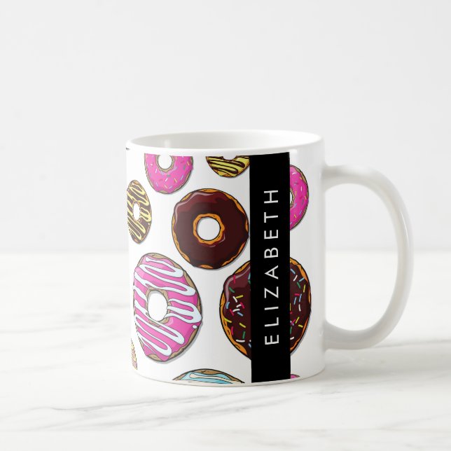 Muster von Donuts, farbenfrohe Donuts, Ihr Name Kaffeetasse (Rechts)