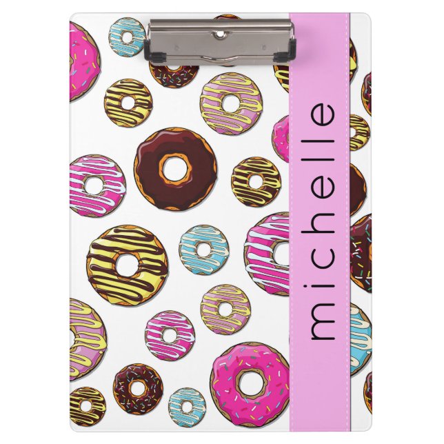 Muster von Donuts, farbenfrohe Donuts, Ihr Name Klemmbrett (Vorderseite)